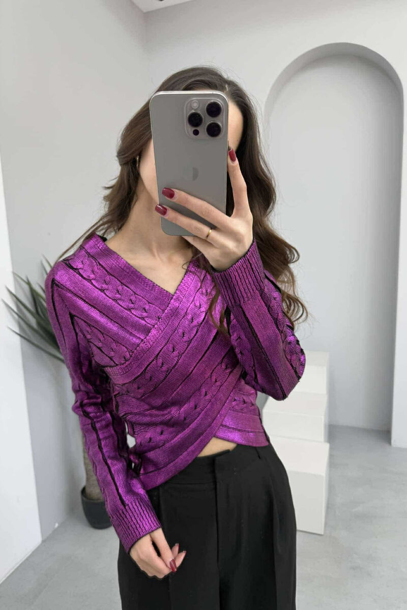 V NECK SHINY WOMEN SWEATER PURPLE/LEJLA - 3
