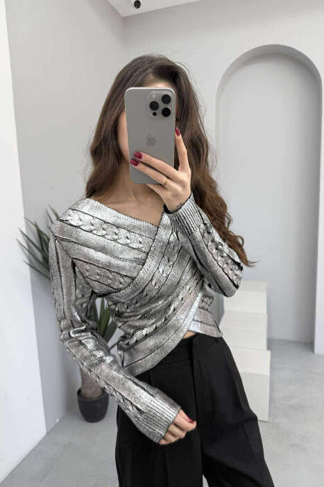 V NECK SHINY WOMEN SWEATER SILVER/ARGJEND 