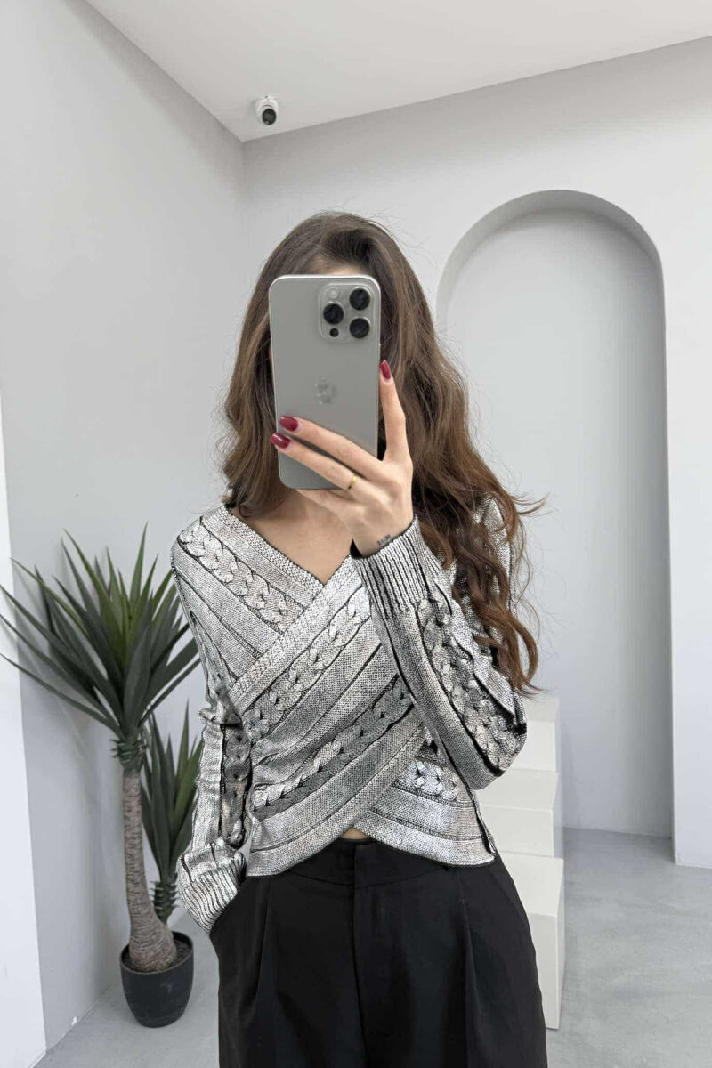 V NECK SHINY WOMEN SWEATER SILVER/ARGJEND - 2