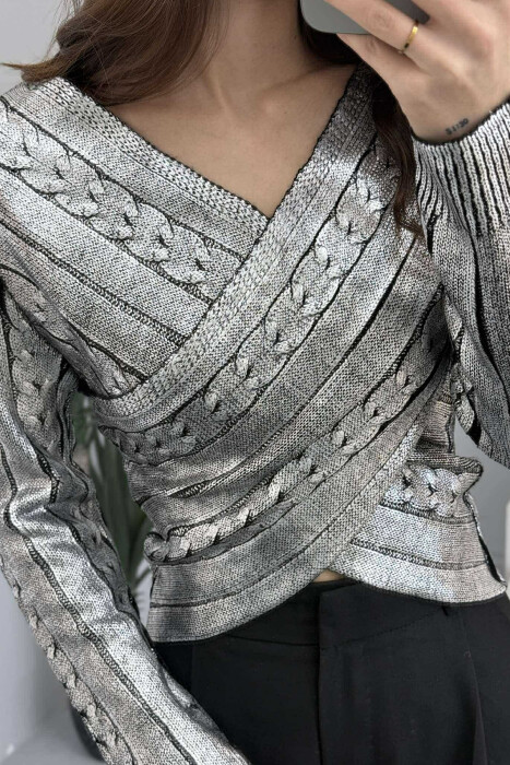 V NECK SHINY WOMEN SWEATER SILVER/ARGJEND - 3