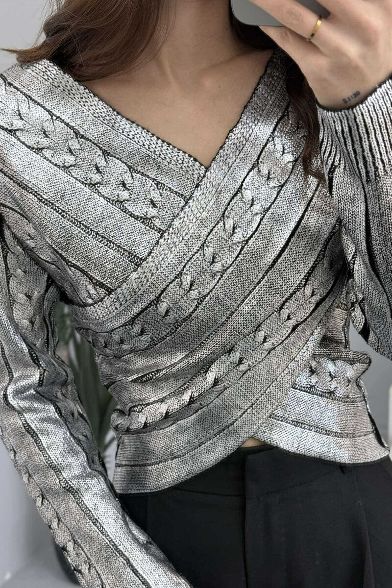 V NECK SHINY WOMEN SWEATER SILVER/ARGJEND - 3
