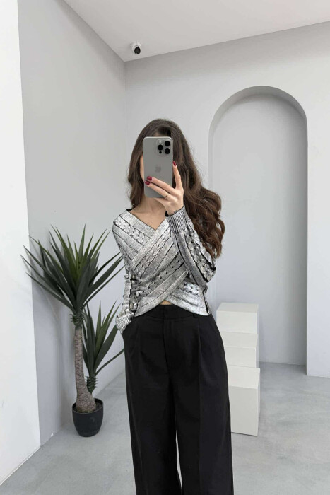 V NECK SHINY WOMEN SWEATER SILVER/ARGJEND - 4