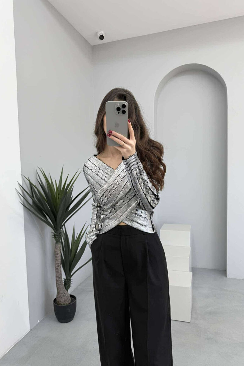 V NECK SHINY WOMEN SWEATER SILVER/ARGJEND - 4