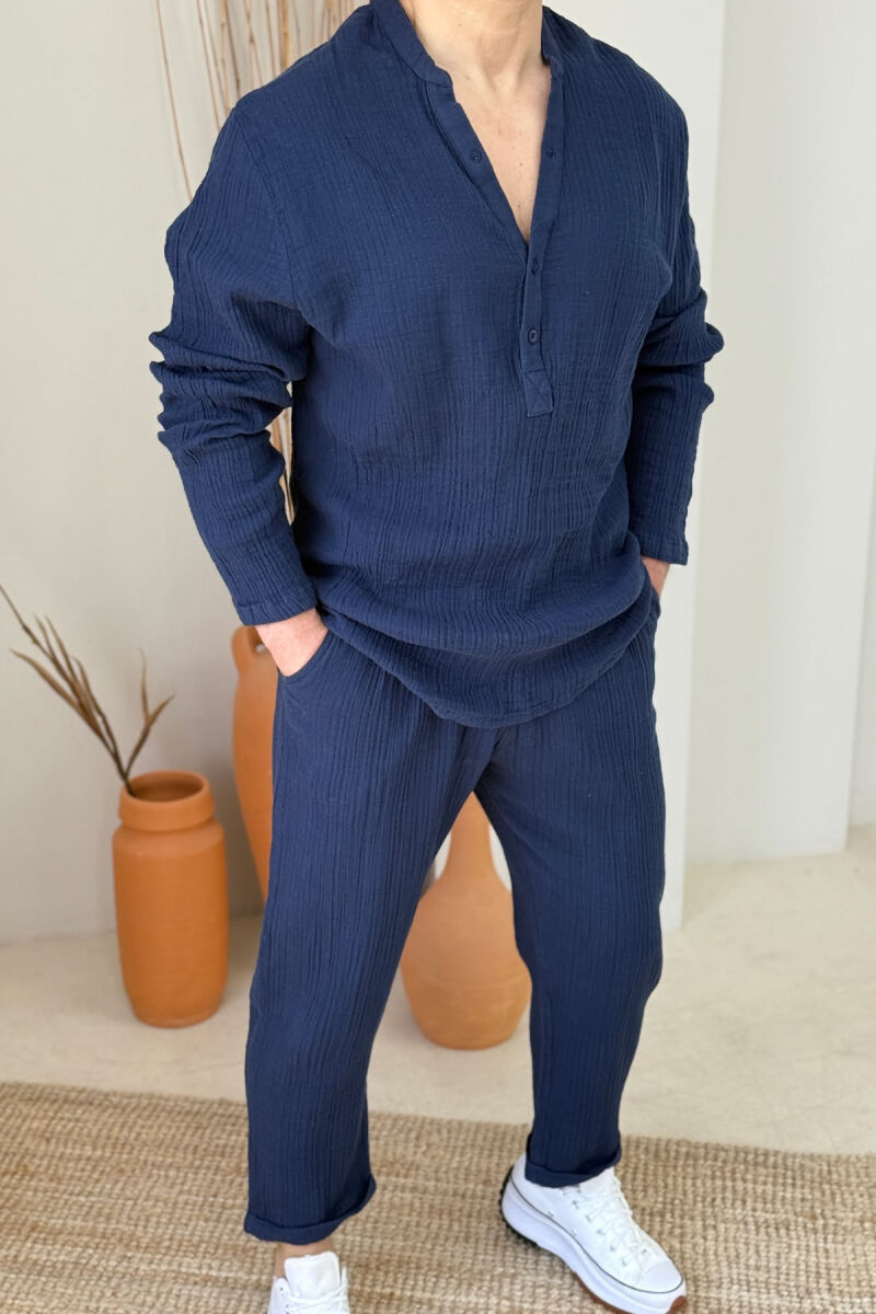 V NECK SHIRT+PANTS ONE COLOR MEN SET DARK BLUE/BEE - 1