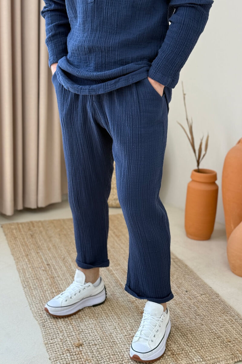 V NECK SHIRT+PANTS ONE COLOR MEN SET DARK BLUE/BEE - 3