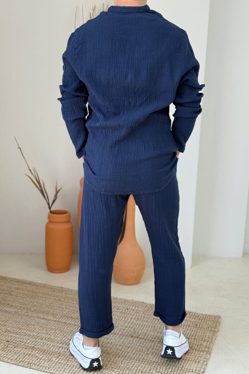 V NECK SHIRT+PANTS ONE COLOR MEN SET DARK BLUE/BEE - 4