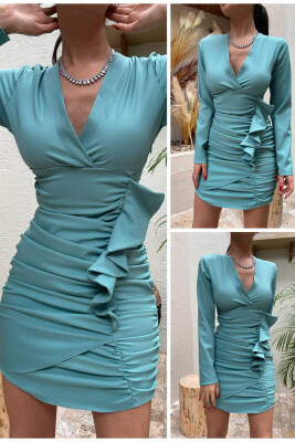 V NECK SHORT LONG SLEEVE DRESS MINT/MENTE - KLAUDIO FASHION