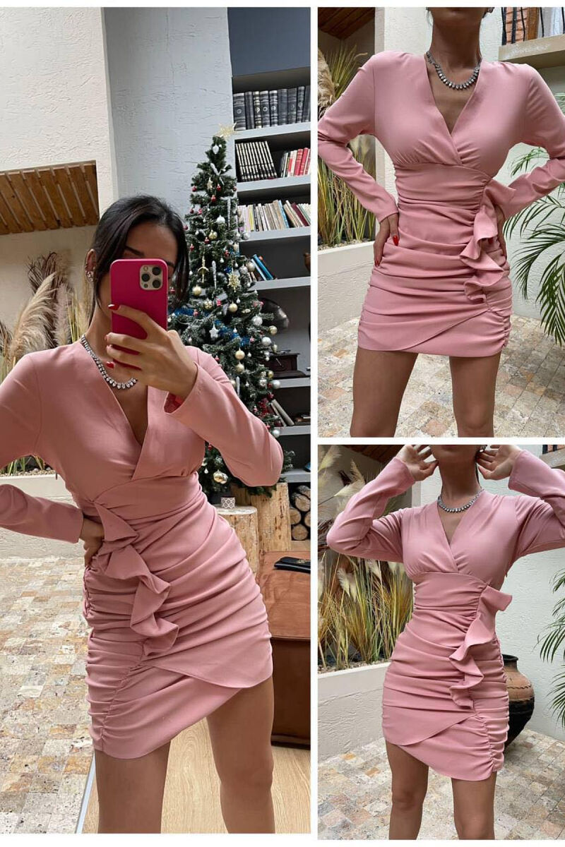 V NECK SHORT LONG SLEEVE DRESS POWDER/PUDER - 1