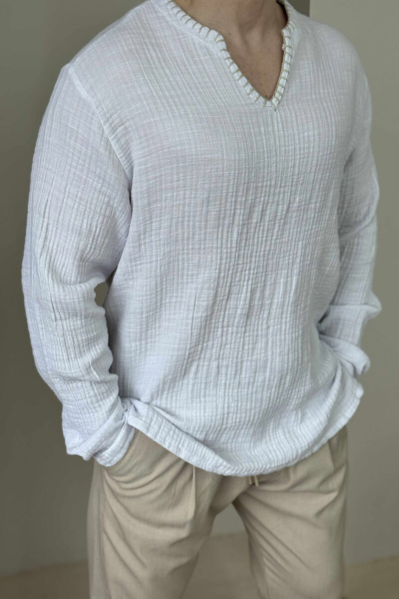 V NECK SIMPLE MEN SHIRT WHITE-E BARDHE - 1