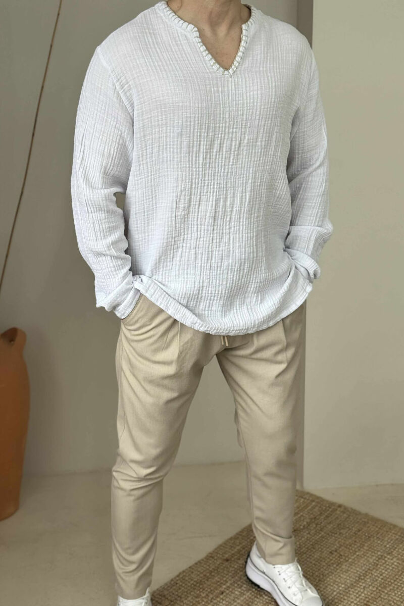 V NECK SIMPLE MEN SHIRT WHITE-E BARDHE - 2