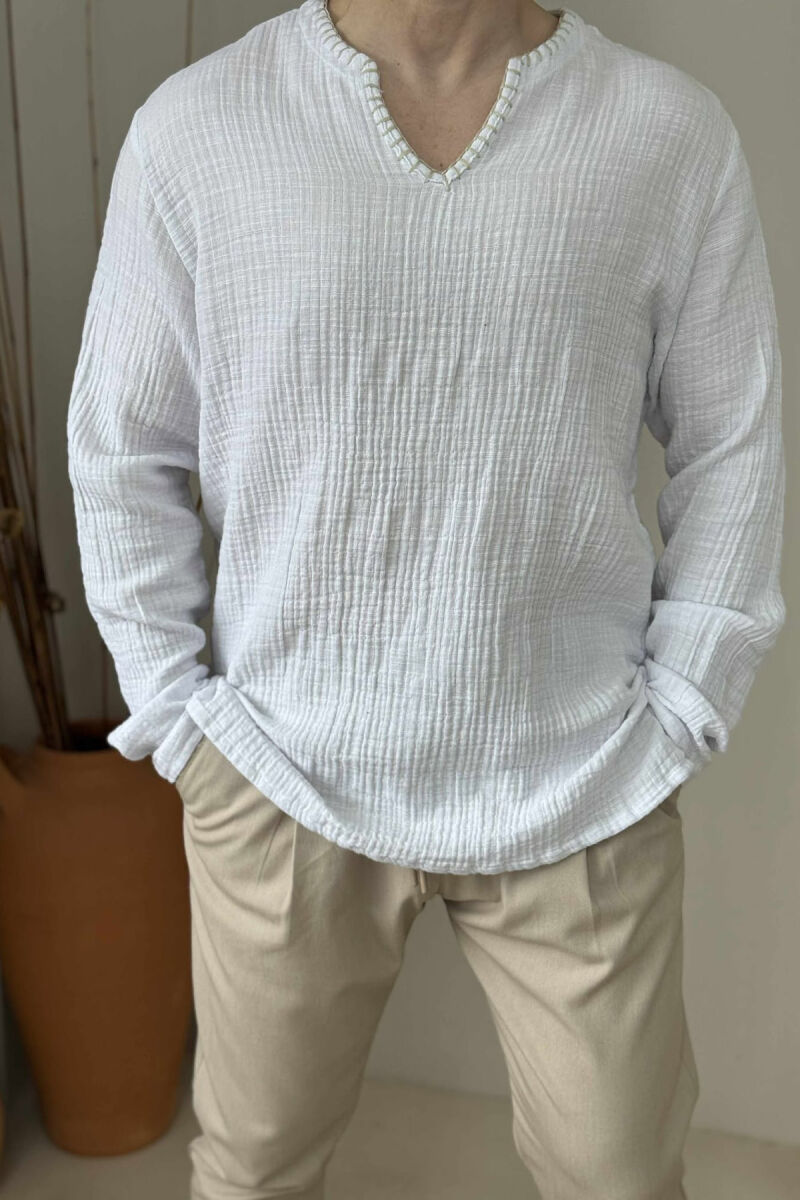 V NECK SIMPLE MEN SHIRT WHITE-E BARDHE - 4