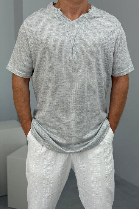 V NECK SIMPLE MEN T-SHIRT LIGHT GREY/GZ - 2