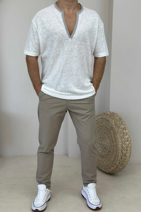 V NECK SIMPLE MEN T-SHIRT WHITE-E BARDHE - 1