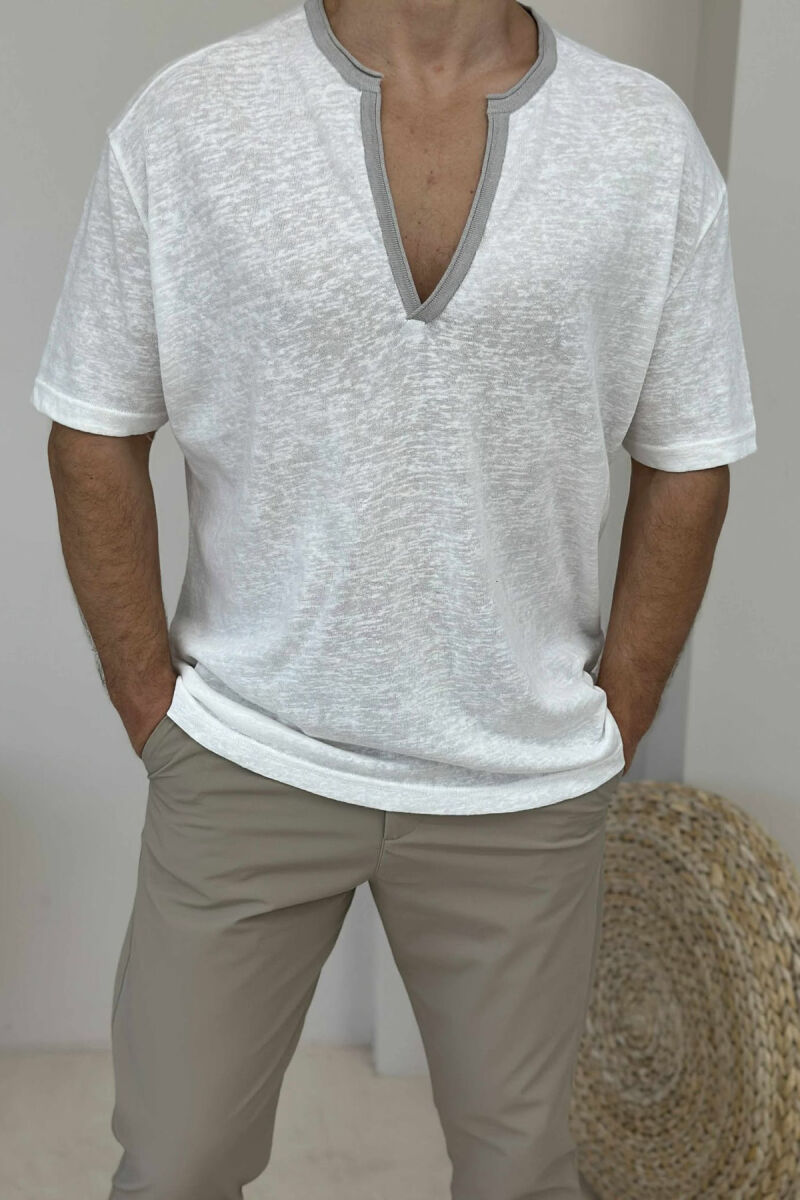 V NECK SIMPLE MEN T-SHIRT WHITE-E BARDHE - 3