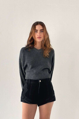 V NECK SIMPLE ONE COLOR WOMAN SWEATER DARK GREY/GEE 