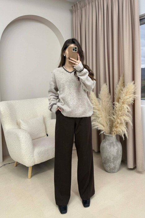 V NECK SIMPLE WOMEN SWEATER BEIGE/BEZHE - 1