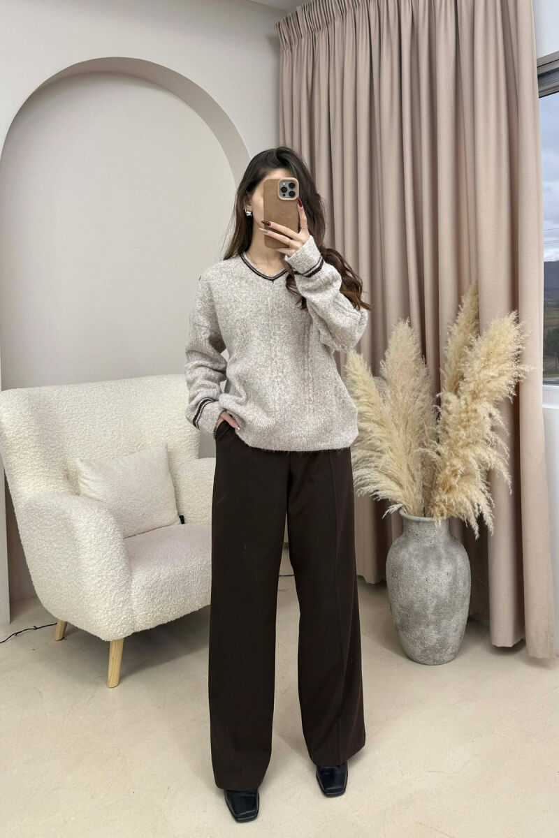 V NECK SIMPLE WOMEN SWEATER BEIGE/BEZHE - 1