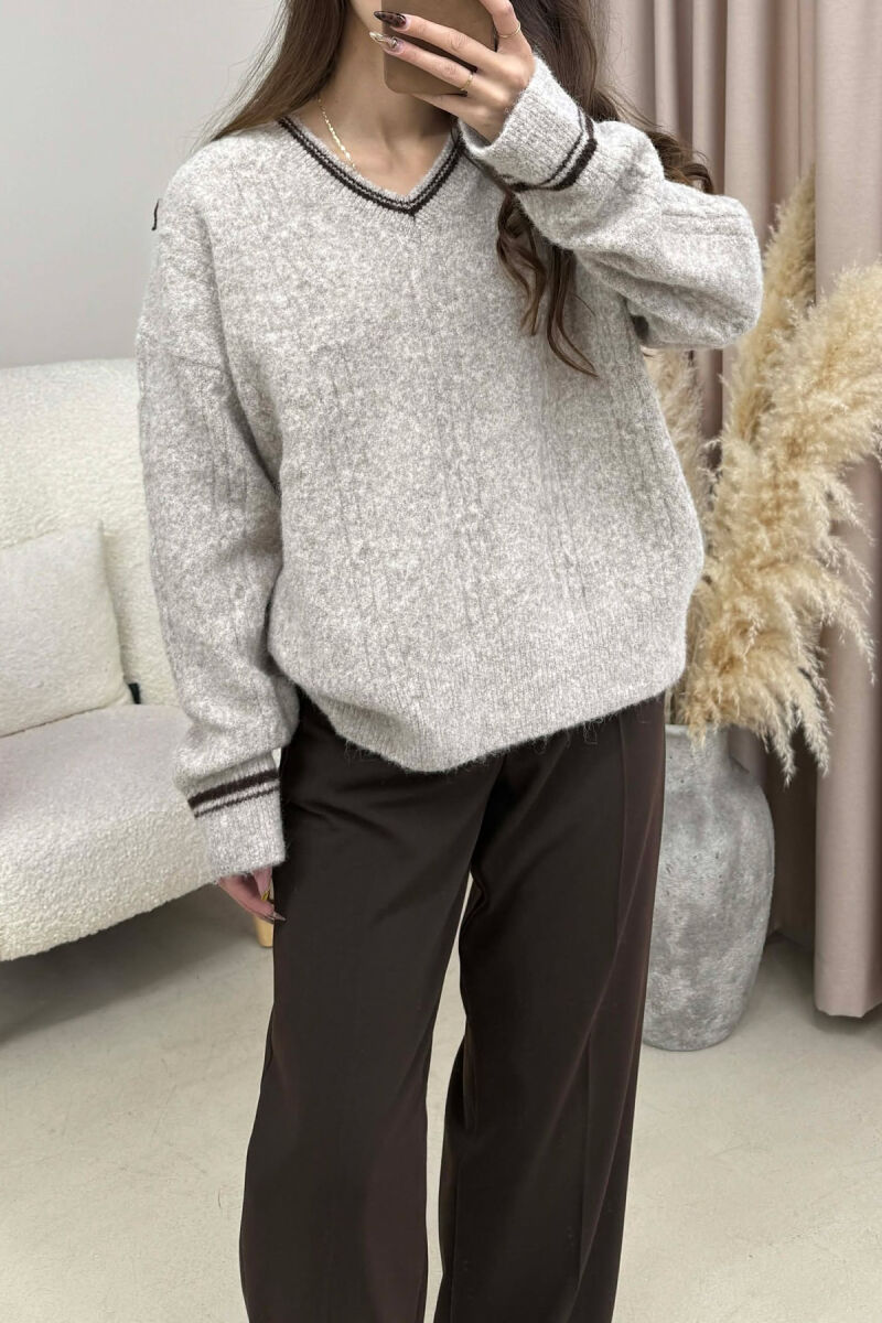 V NECK SIMPLE WOMEN SWEATER BEIGE/BEZHE - 4