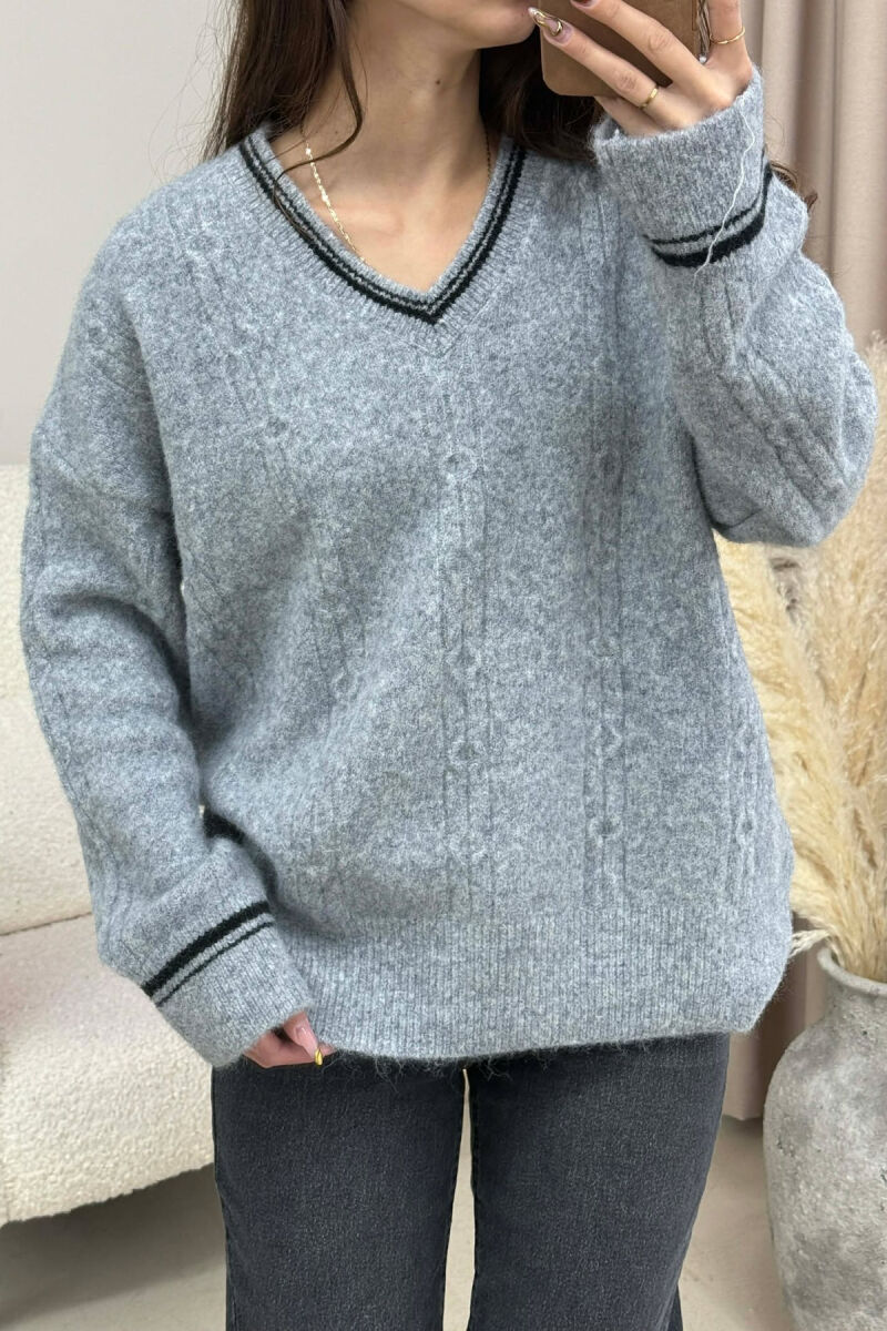 V NECK SIMPLE WOMEN SWEATER GREY/GRI - 3