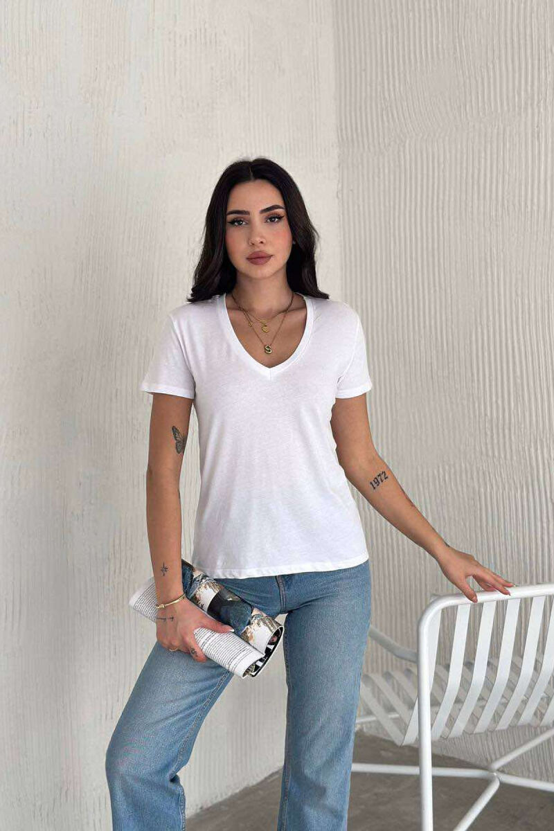  V NECK SIMPLE WOMEN T-SHIRT IN WHITE COLOR - 2