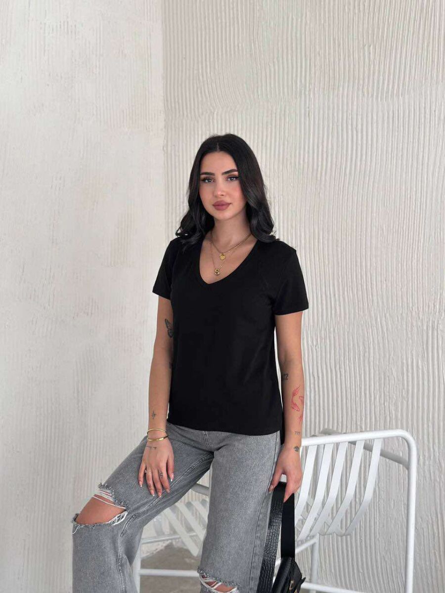 V NECK SIMPLE WOMEN T-SHIRT IN BLACK COLOR - 1