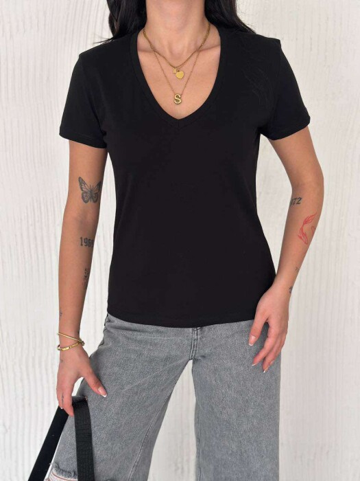 V NECK SIMPLE WOMEN T-SHIRT IN BLACK COLOR - 3