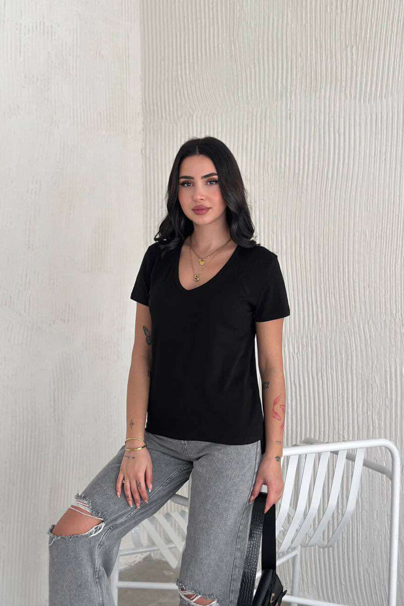 V NECK SIMPLE WOMEN T-SHIRT IN BLACK COLOR - 2