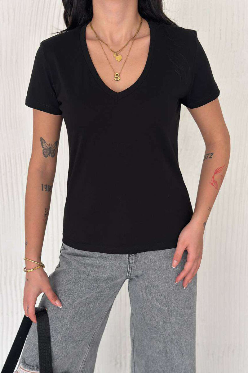 V NECK SIMPLE WOMEN T-SHIRT IN BLACK COLOR - 4