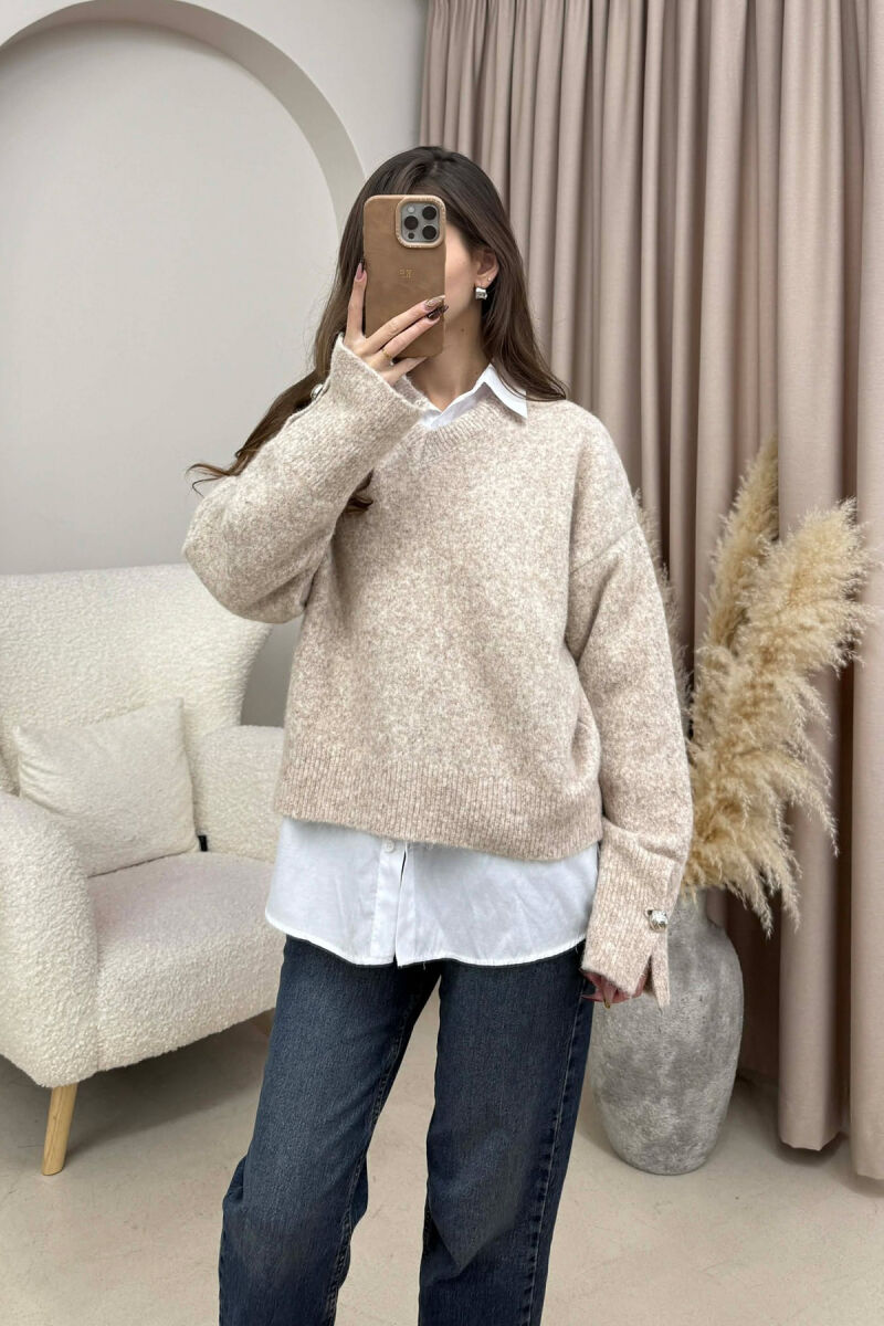 V NECK SLEEVE BUTTONS WOMEN SWEATER BEIGE/BEZHE - 2