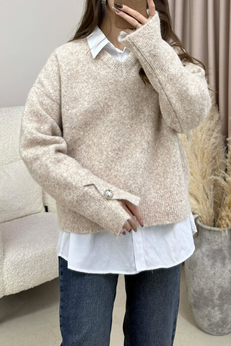 V NECK SLEEVE BUTTONS WOMEN SWEATER BEIGE/BEZHE - 4