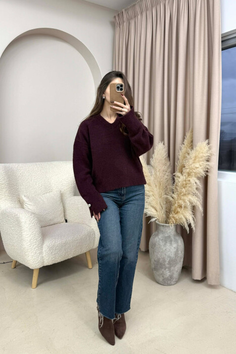 V NECK SLEEVE BUTTONS WOMEN SWEATER BURGUNDY/VISHNJE 