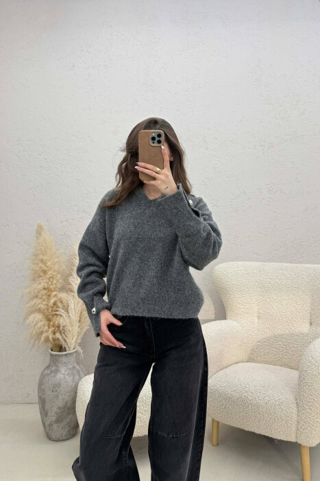 V NECK SLEEVE BUTTONS WOMEN SWEATER DARK GREY/GEE - 1