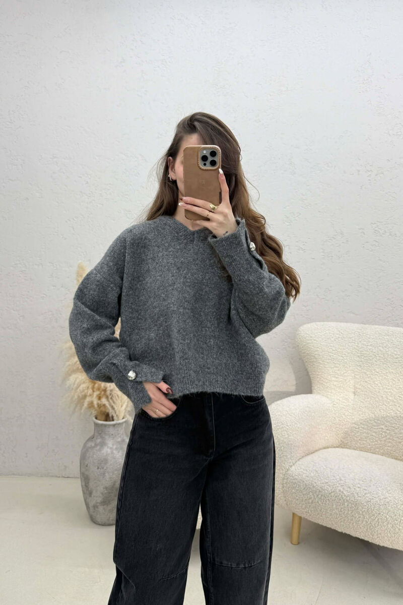 V NECK SLEEVE BUTTONS WOMEN SWEATER DARK GREY/GEE - 2