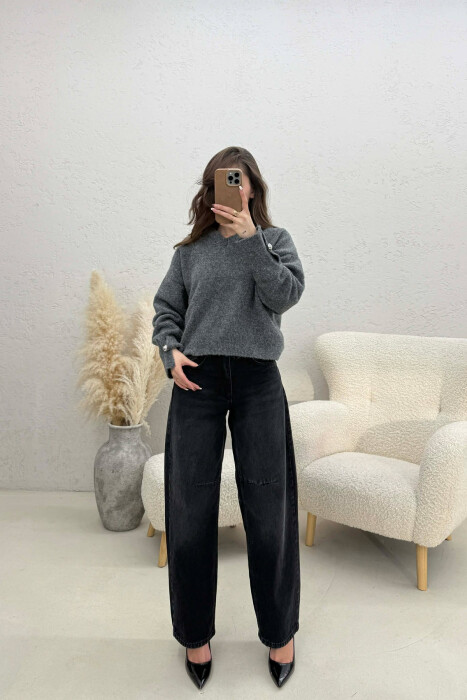 V NECK SLEEVE BUTTONS WOMEN SWEATER DARK GREY/GEE - 5