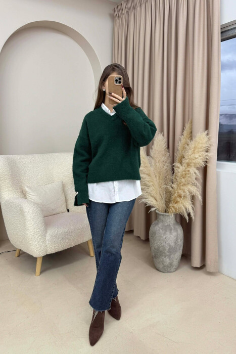 V NECK SLEEVE BUTTONS WOMEN SWEATER GREEN/JESHILE 
