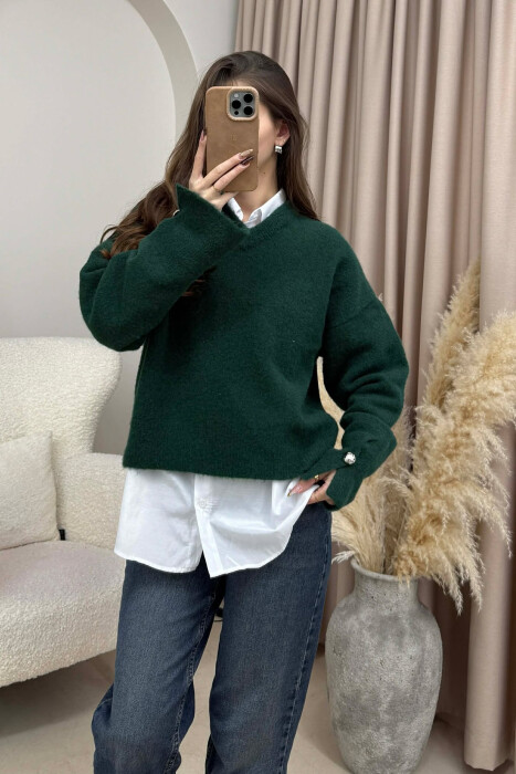 V NECK SLEEVE BUTTONS WOMEN SWEATER GREEN/JESHILE - 2