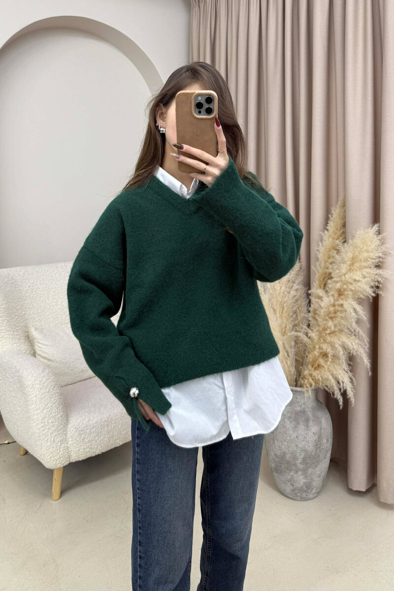 V NECK SLEEVE BUTTONS WOMEN SWEATER GREEN/JESHILE - 3