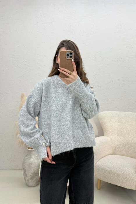 V NECK SLEEVE BUTTONS WOMEN SWEATER GREY/GRI - KLAUDIO FASHION
