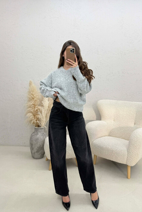 V NECK SLEEVE BUTTONS WOMEN SWEATER GREY/GRI - 2