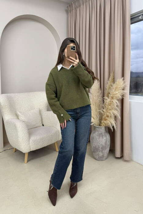 V NECK SLEEVE BUTTONS WOMEN SWEATER OLIVE/ULLI - KLAUDIO FASHION