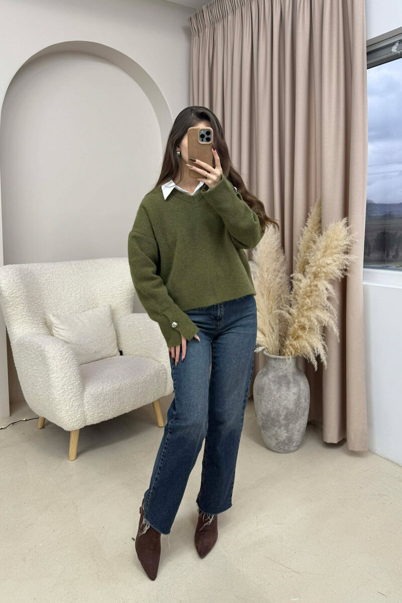 V NECK SLEEVE BUTTONS WOMEN SWEATER OLIVE/ULLI - 1
