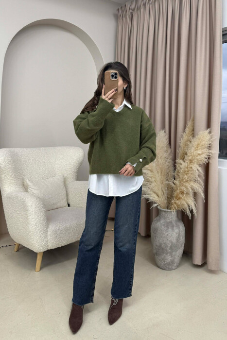 V NECK SLEEVE BUTTONS WOMEN SWEATER OLIVE/ULLI - 2