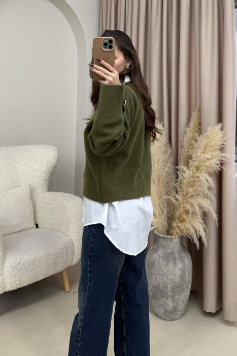 V NECK SLEEVE BUTTONS WOMEN SWEATER OLIVE/ULLI - 3