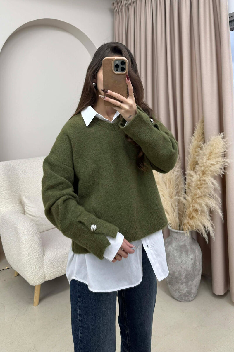 V NECK SLEEVE BUTTONS WOMEN SWEATER OLIVE/ULLI - 4