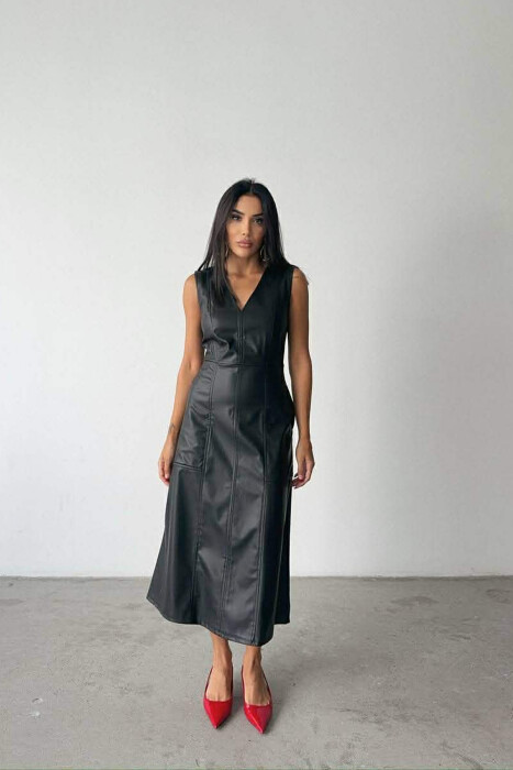V NECK SLEEVELESS LONG LEATHER WOMEN DRESS BLACK/ E ZEZE - 1