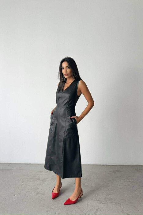 V NECK SLEEVELESS LONG LEATHER WOMEN DRESS BLACK/ E ZEZE - 2