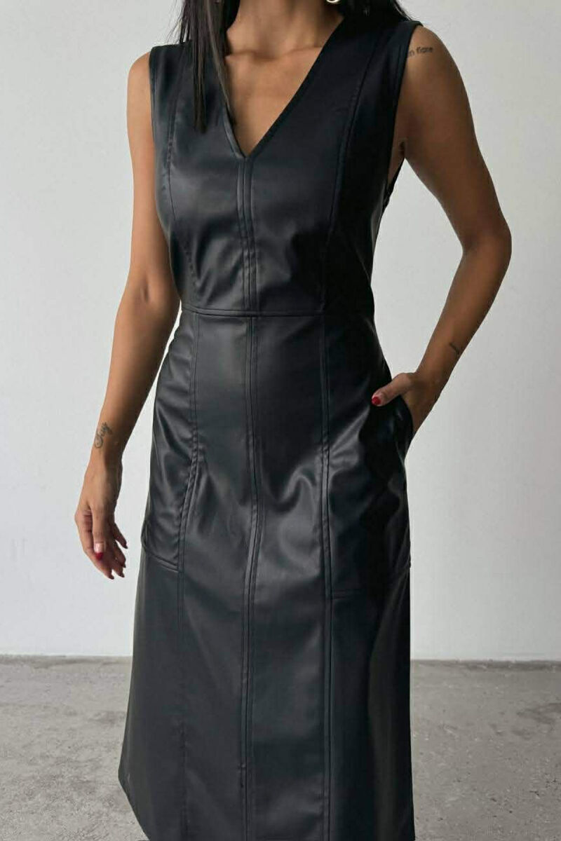 V NECK SLEEVELESS LONG LEATHER WOMEN DRESS BLACK/ E ZEZE - 4