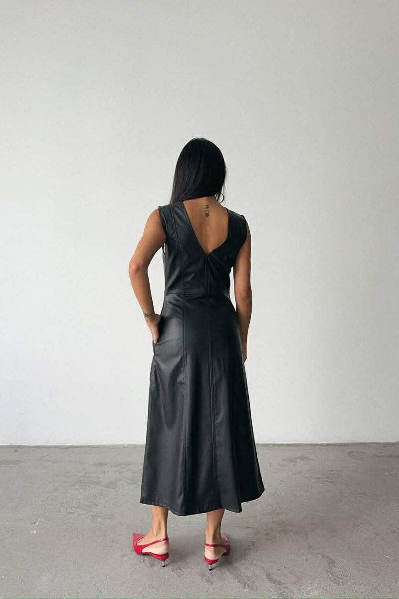 V NECK SLEEVELESS LONG LEATHER WOMEN DRESS BLACK/ E ZEZE - 5