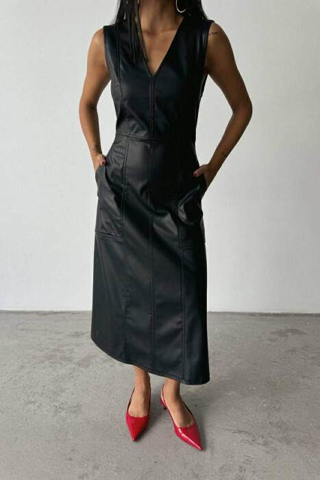 V NECK SLEEVELESS LONG LEATHER WOMEN DRESS BLACK/ E ZEZE - 6