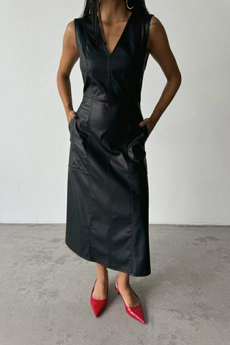 V NECK SLEEVELESS LONG LEATHER WOMEN DRESS BLACK/ E ZEZE - 6